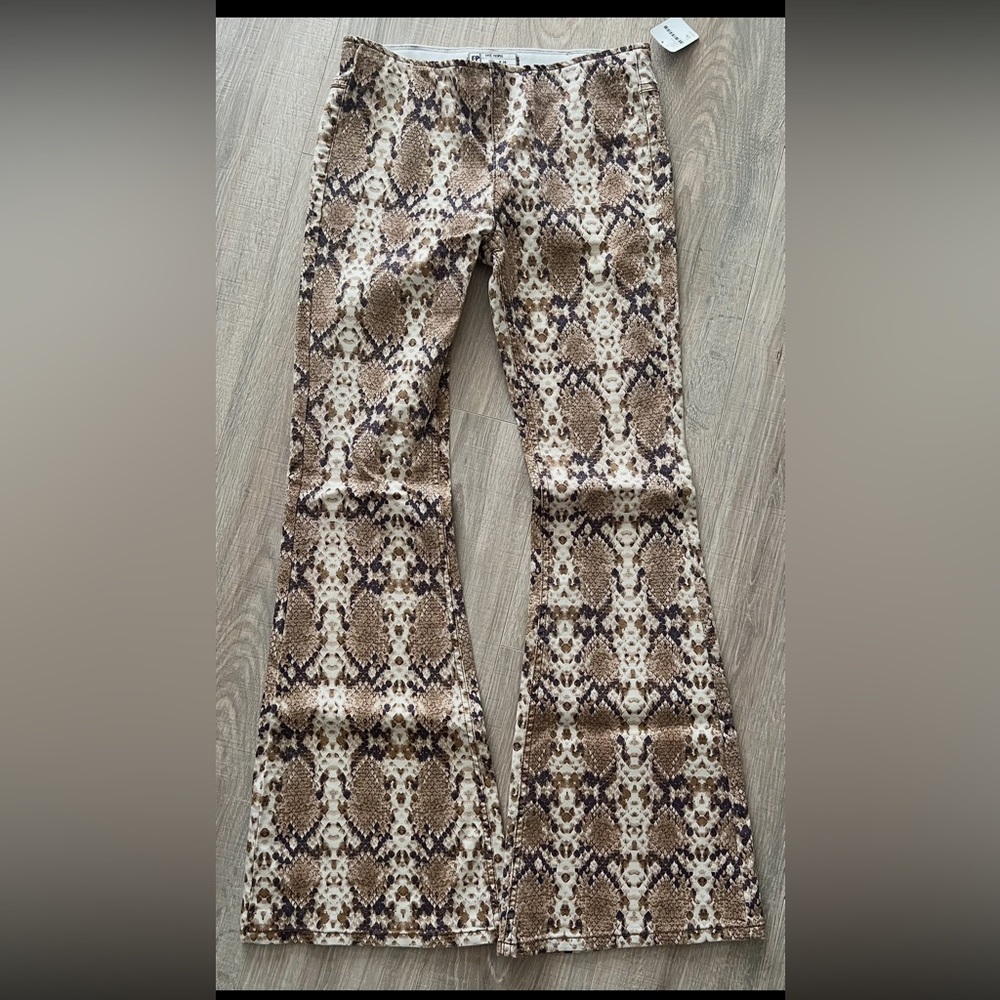 Free People Brown and Cream Snake Pattern Flare Pants